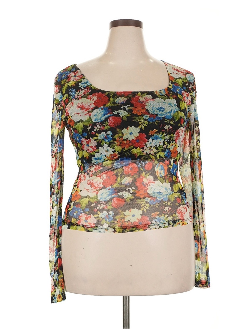 Floral Mesh Long-Sleeve Square Neck Faux Crop Top